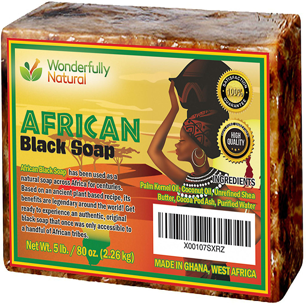 Wonderfully Natural Organic African Black Soap - 5 Pound Best for Acne Eczema Dry Skin Psoriasis Scars Dermatitis White Heads Pimples Face & Body Wash Raw Handcrafted Beauty Scrub Bar