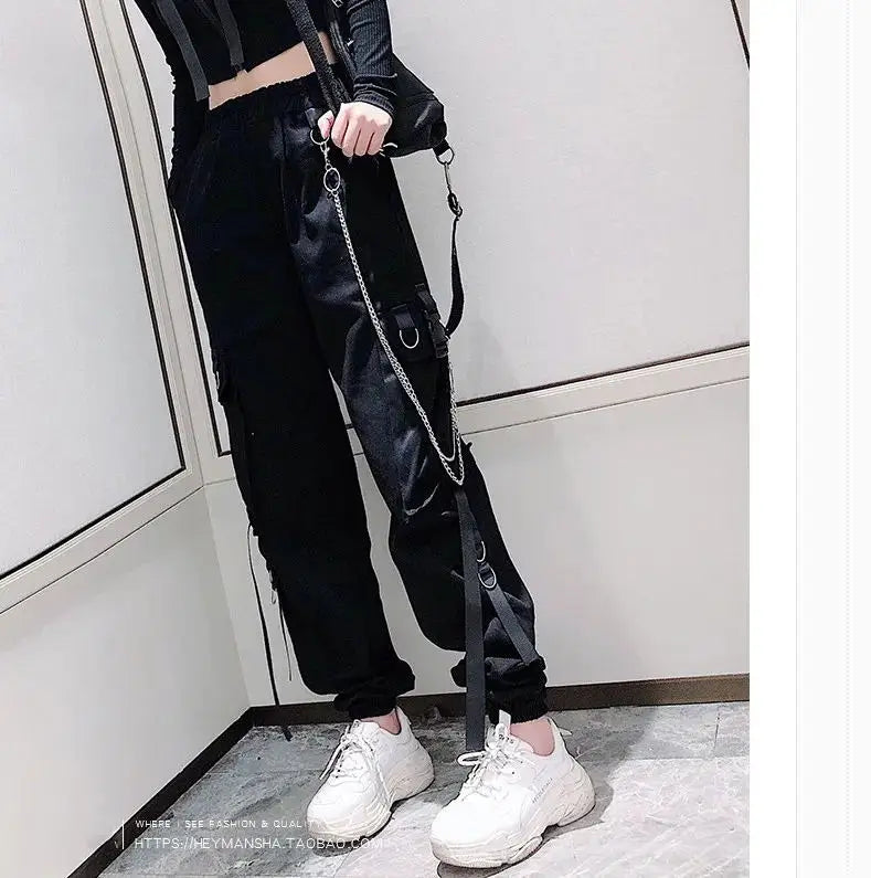 Women's Cargo Pants Buckle Ribbon Pocket Jogger Elastic Waist High Streetwear Harajuku Pant Punk Ring Chain Females Trousers