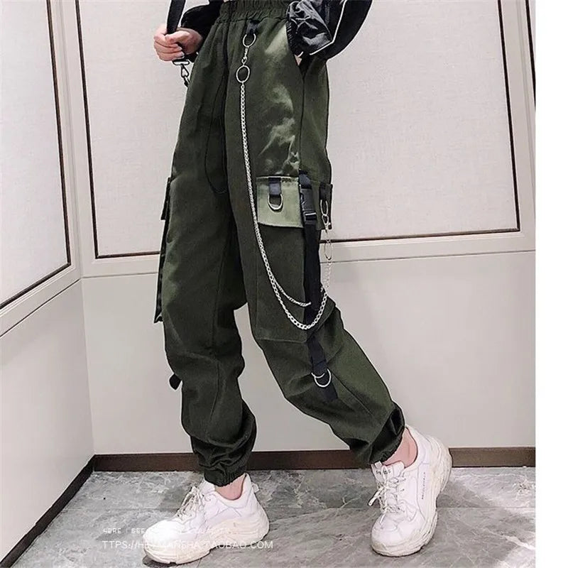 Women's Cargo Pants Buckle Ribbon Pocket Jogger Elastic Waist High Streetwear Harajuku Pant Punk Ring Chain Females Trousers