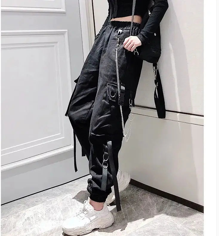 Women's Cargo Pants Buckle Ribbon Pocket Jogger Elastic Waist High Streetwear Harajuku Pant Punk Ring Chain Females Trousers