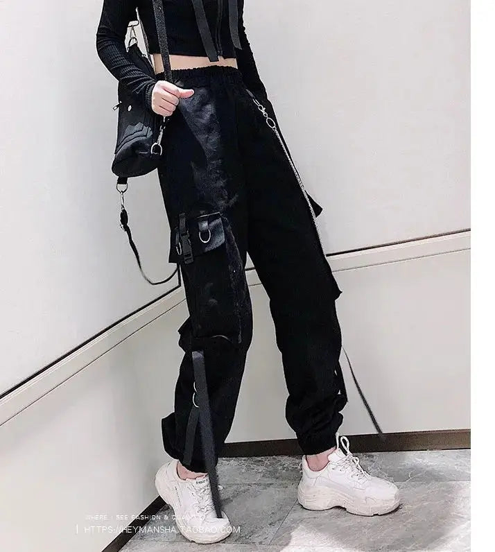 Women's Cargo Pants Buckle Ribbon Pocket Jogger Elastic Waist High Streetwear Harajuku Pant Punk Ring Chain Females Trousers