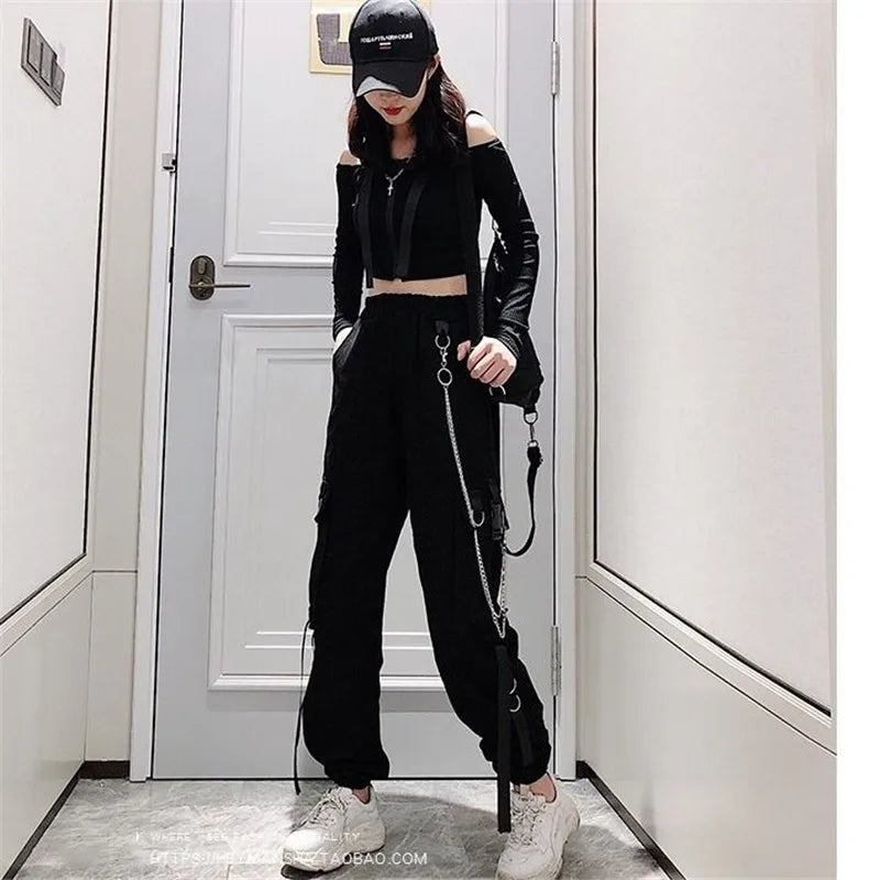 Women's Cargo Pants Buckle Ribbon Pocket Jogger Elastic Waist High Streetwear Harajuku Pant Punk Ring Chain Females Trousers
