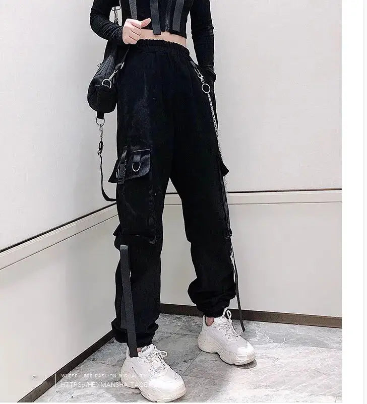 Women's Cargo Pants Buckle Ribbon Pocket Jogger Elastic Waist High Streetwear Harajuku Pant Punk Ring Chain Females Trousers