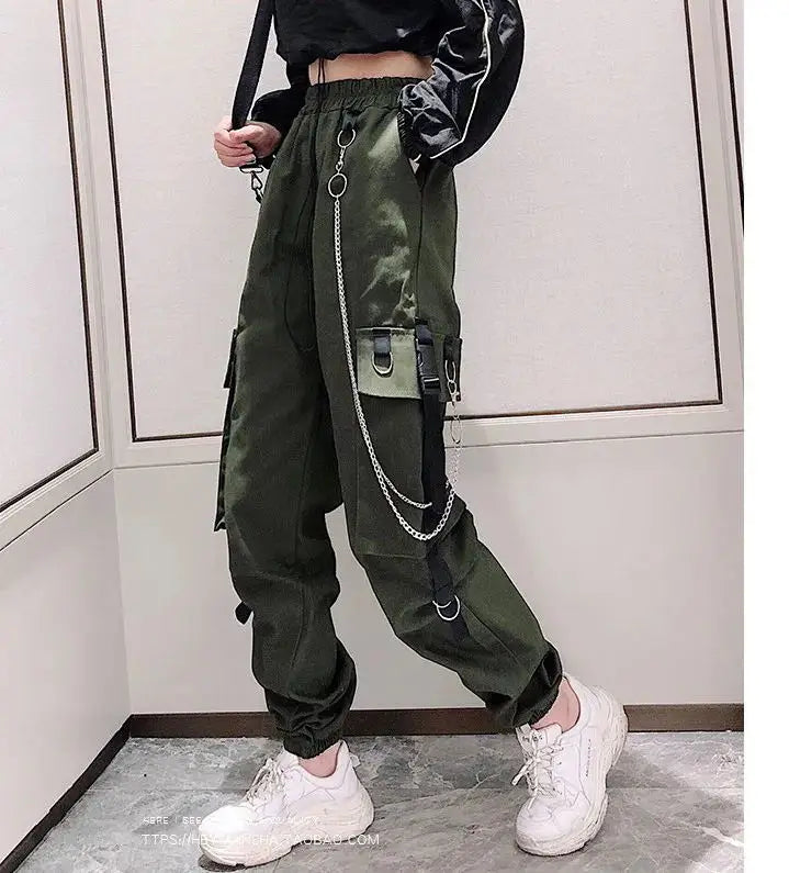 Women's Cargo Pants Buckle Ribbon Pocket Jogger Elastic Waist High Streetwear Harajuku Pant Punk Ring Chain Females Trousers