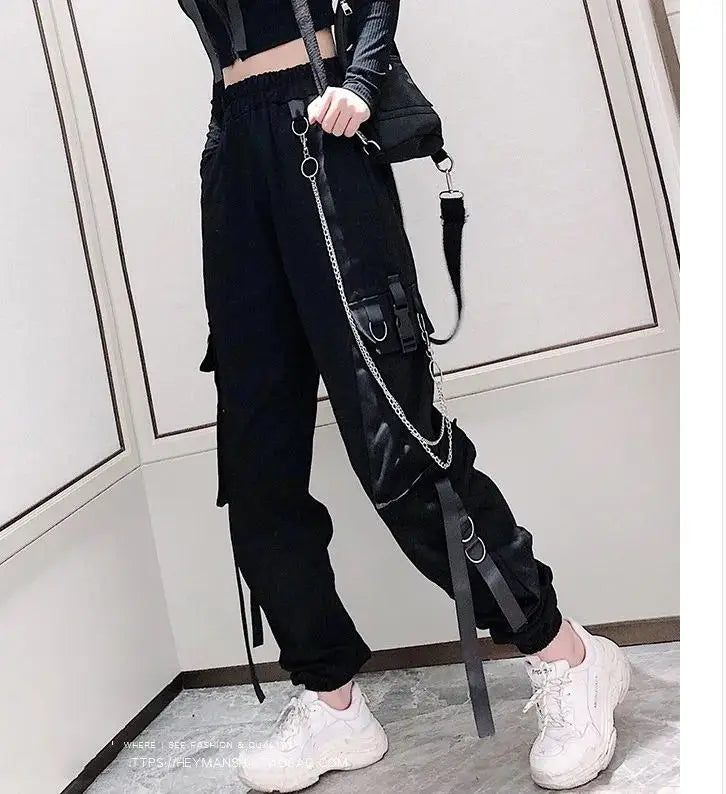 Women's Cargo Pants Buckle Ribbon Pocket Jogger Elastic Waist High Streetwear Harajuku Pant Punk Ring Chain Females Trousers