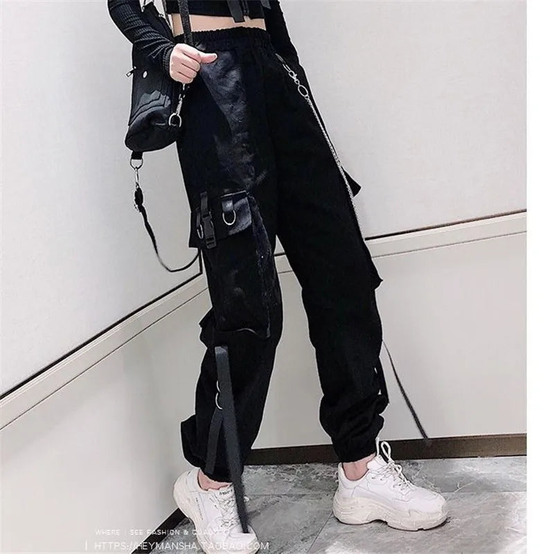 Women's Cargo Pants Buckle Ribbon Pocket Jogger Elastic Waist High Streetwear Harajuku Pant Punk Ring Chain Females Trousers