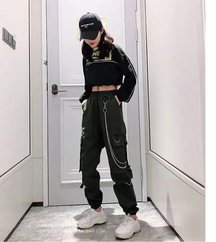 Women's Cargo Pants Buckle Ribbon Pocket Jogger Elastic Waist High Streetwear Harajuku Pant Punk Ring Chain Females Trousers