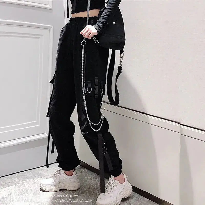 Women's Cargo Pants Buckle Ribbon Pocket Jogger Elastic Waist High Streetwear Harajuku Pant Punk Ring Chain Females Trousers
