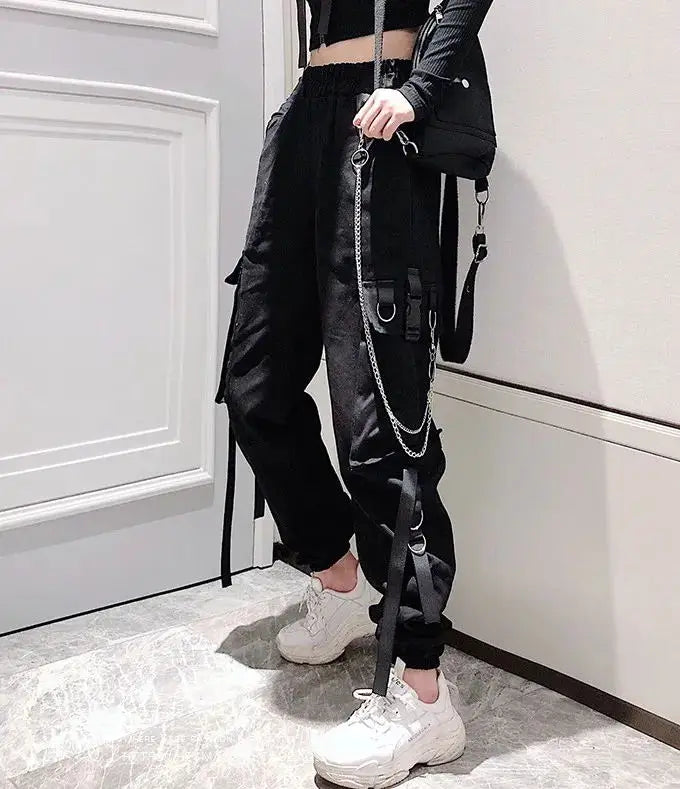 Women's Cargo Pants Buckle Ribbon Pocket Jogger Elastic Waist High Streetwear Harajuku Pant Punk Ring Chain Females Trousers