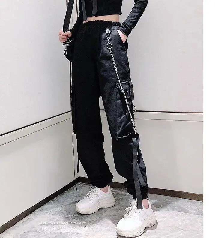 Women's Cargo Pants Buckle Ribbon Pocket Jogger Elastic Waist High Streetwear Harajuku Pant Punk Ring Chain Females Trousers