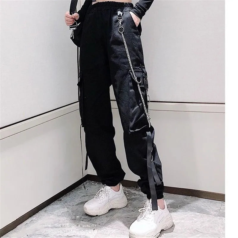 Women's Cargo Pants Buckle Ribbon Pocket Jogger Elastic Waist High Streetwear Harajuku Pant Punk Ring Chain Females Trousers