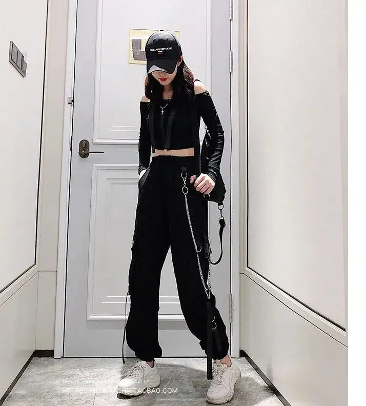 Women's Cargo Pants Buckle Ribbon Pocket Jogger Elastic Waist High Streetwear Harajuku Pant Punk Ring Chain Females Trousers