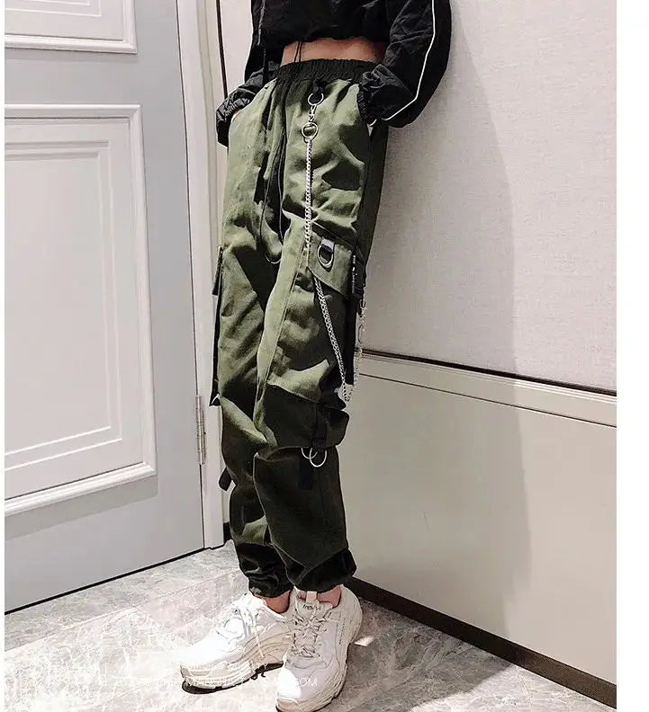 Women's Cargo Pants Buckle Ribbon Pocket Jogger Elastic Waist High Streetwear Harajuku Pant Punk Ring Chain Females Trousers
