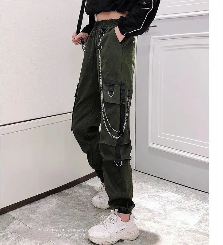 Women's Cargo Pants Buckle Ribbon Pocket Jogger Elastic Waist High Streetwear Harajuku Pant Punk Ring Chain Females Trousers