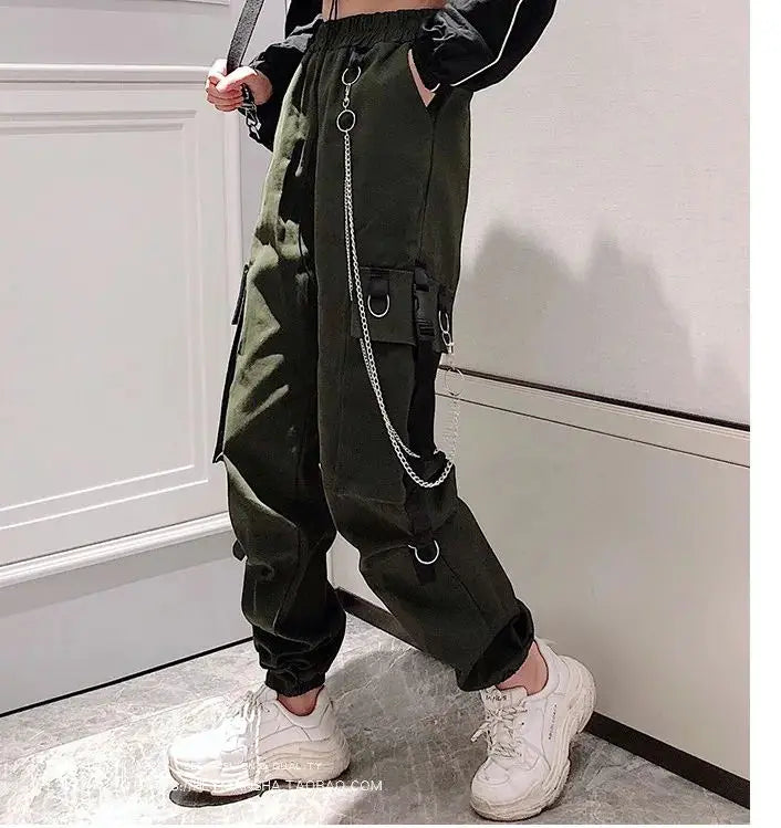Women's Cargo Pants Buckle Ribbon Pocket Jogger Elastic Waist High Streetwear Harajuku Pant Punk Ring Chain Females Trousers