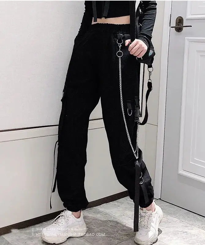 Women's Cargo Pants Buckle Ribbon Pocket Jogger Elastic Waist High Streetwear Harajuku Pant Punk Ring Chain Females Trousers