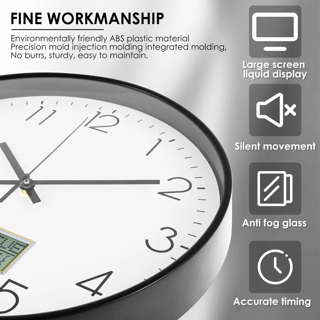Classic Round Wall Clocks with LCD Display Silent Non Ticking Clock for Perpetual Calendar and F° Temperature for Home Office