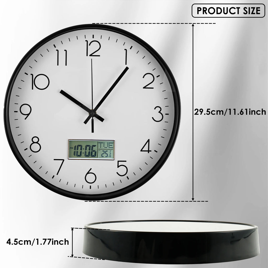 Classic Round Wall Clocks with LCD Display Silent Non Ticking Clock for Perpetual Calendar and F° Temperature for Home Office