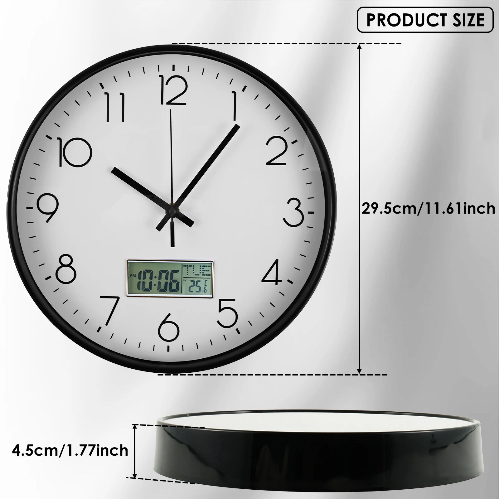 Classic Round Wall Clocks with LCD Display Silent Non Ticking Clock for Perpetual Calendar and F° Temperature for Home Office