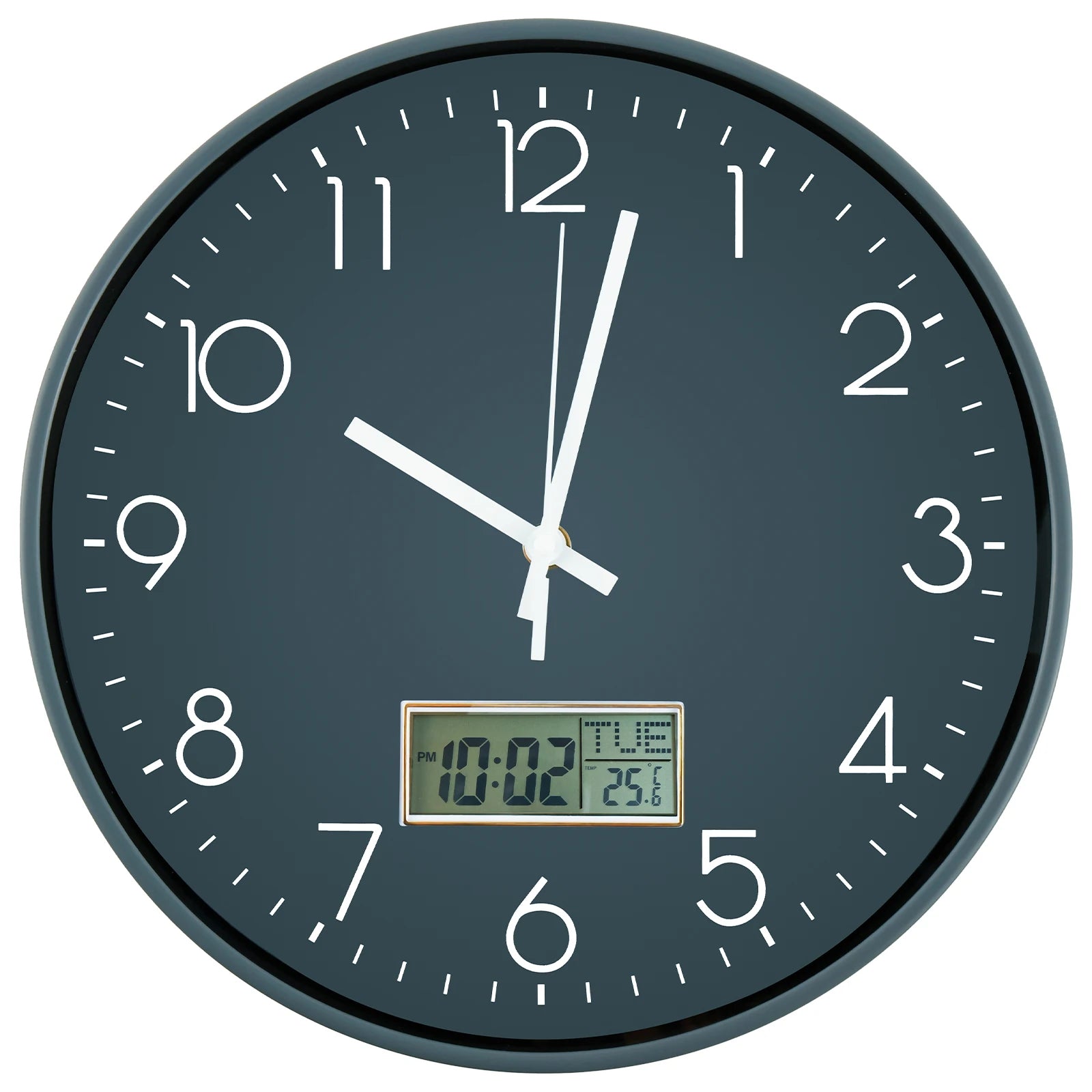 Classic Round Wall Clocks with LCD Display Silent Non Ticking Clock for Perpetual Calendar and F° Temperature for Home Office
