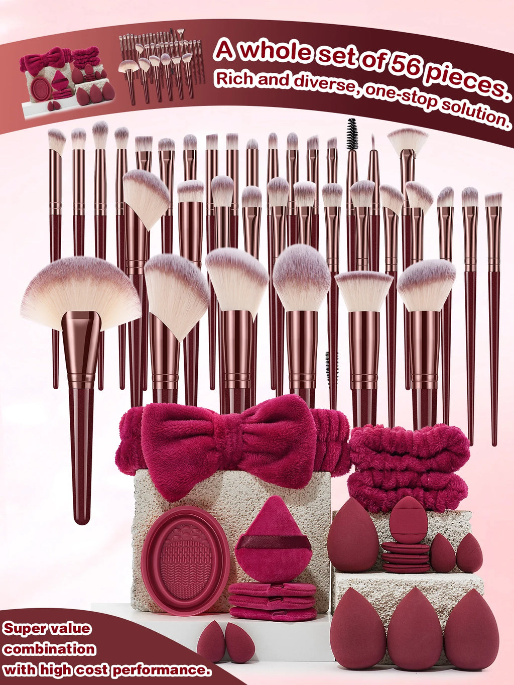 56PCS Makeup Tools：36PCS Makeup brush set+4PCS Makeup Tools+8PCS Makeup Sponges+8PCS Powder Puffs