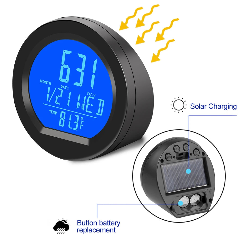 Kebidumei Solar Car Clocks For Dashboard Digital LCD Clock Date Week Temperature Time Display Clocks Backlight Electronic Screen