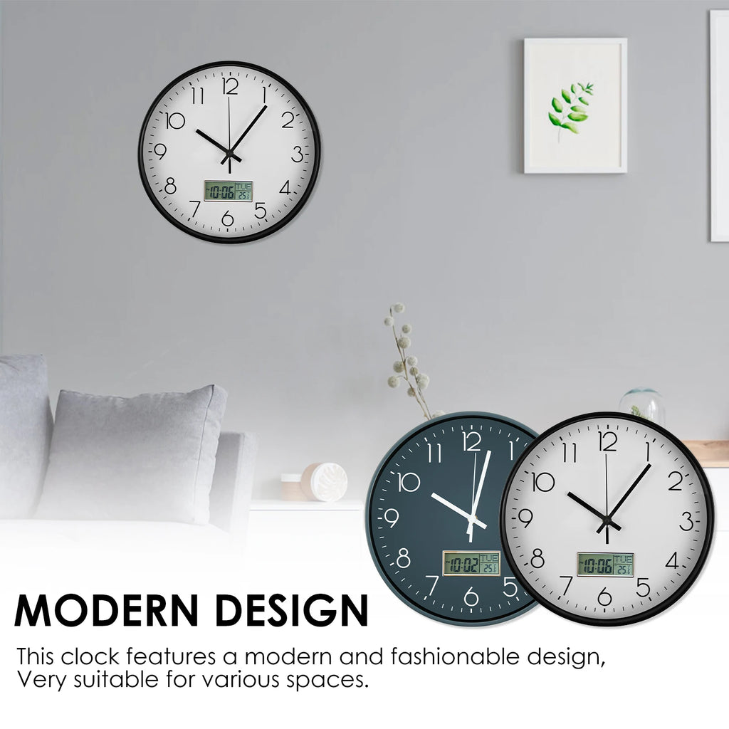 Classic Round Wall Clocks with LCD Display Silent Non Ticking Clock for Perpetual Calendar and F° Temperature for Home Office
