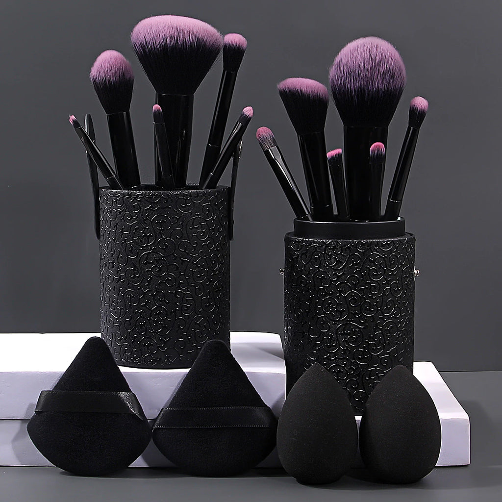 17 Makeup Tools Set 12 Face Makeup Brush Set with Makeup Egg Triangle Powder Puff Makeup Brush Storage Bucket Makeup Tools