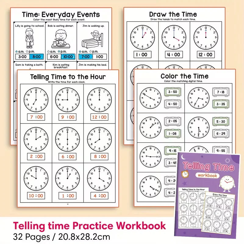 Telling Time Workbook for Kids - Master Analog & Digital Clocks in 30 Days,Daily Practice Worksheets with Interactive Activities