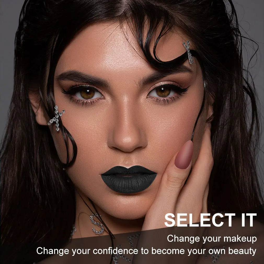 Matte black lipstick, long-lasting waterproof, no creases, Gothic dark makeup party, Halloween cosplay makeup