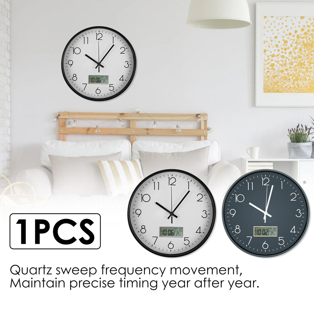 Classic Round Wall Clocks with LCD Display Silent Non Ticking Clock for Perpetual Calendar and F° Temperature for Home Office