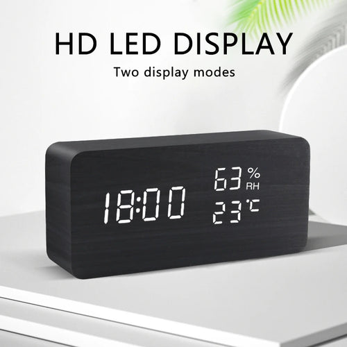 Alarm Clock LED Wooden Watch Table Voice Control Digital Wood Despertador USB/AAA Powered Electronic Desktop Clocks