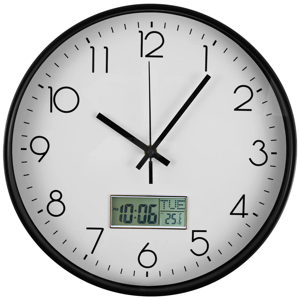 Classic Round Wall Clocks with LCD Display Silent Non Ticking Clock for Perpetual Calendar and F° Temperature for Home Office