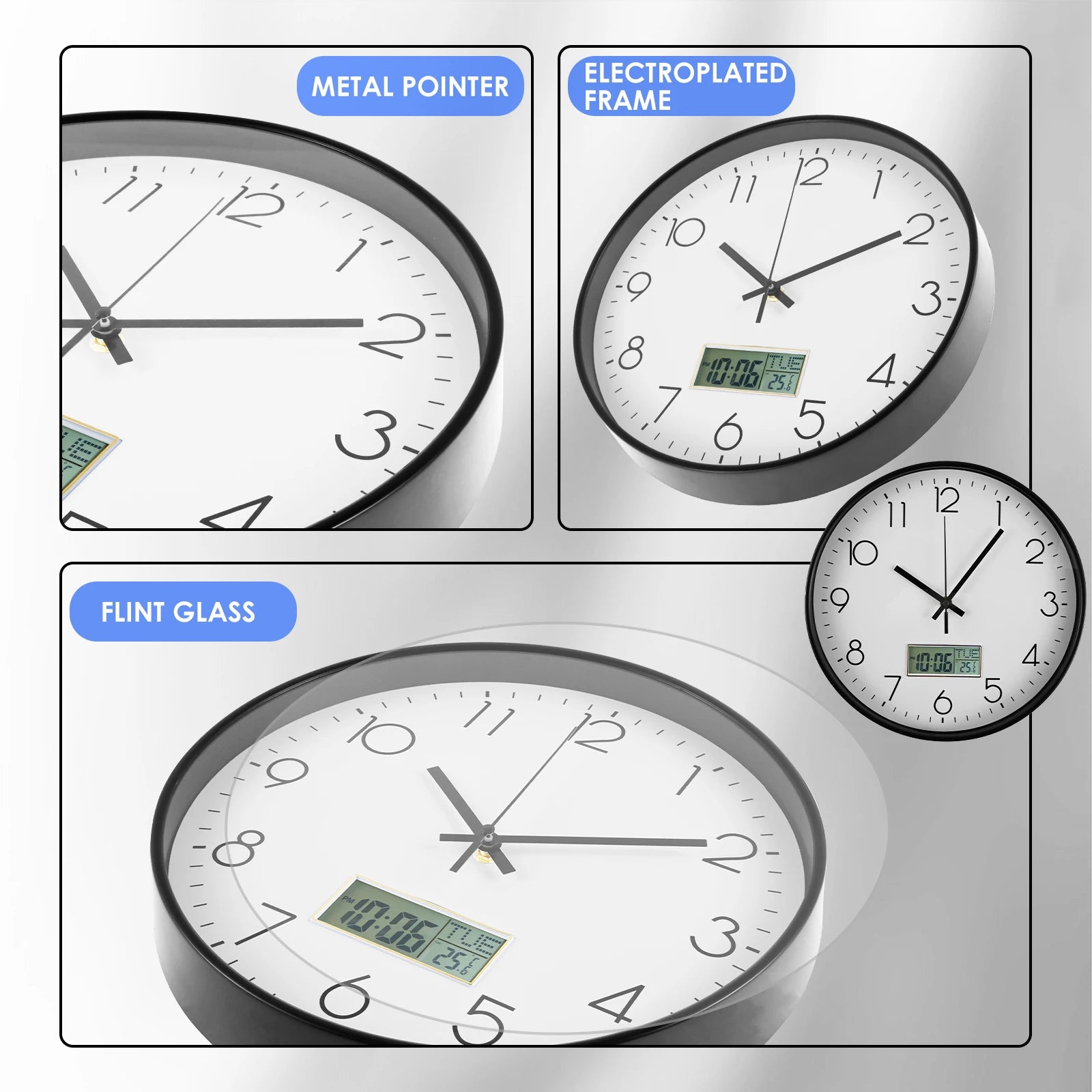 Classic Round Wall Clocks with LCD Display Silent Non Ticking Clock for Perpetual Calendar and F° Temperature for Home Office