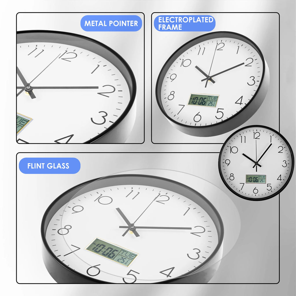 Classic Round Wall Clocks with LCD Display Silent Non Ticking Clock for Perpetual Calendar and F° Temperature for Home Office